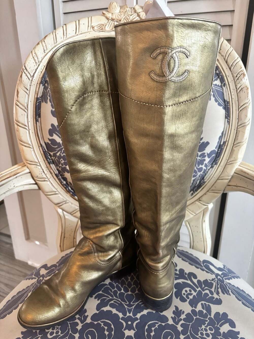 Chanel Metallic Gold Leather CC Tall Boots - Picture 2 of 16